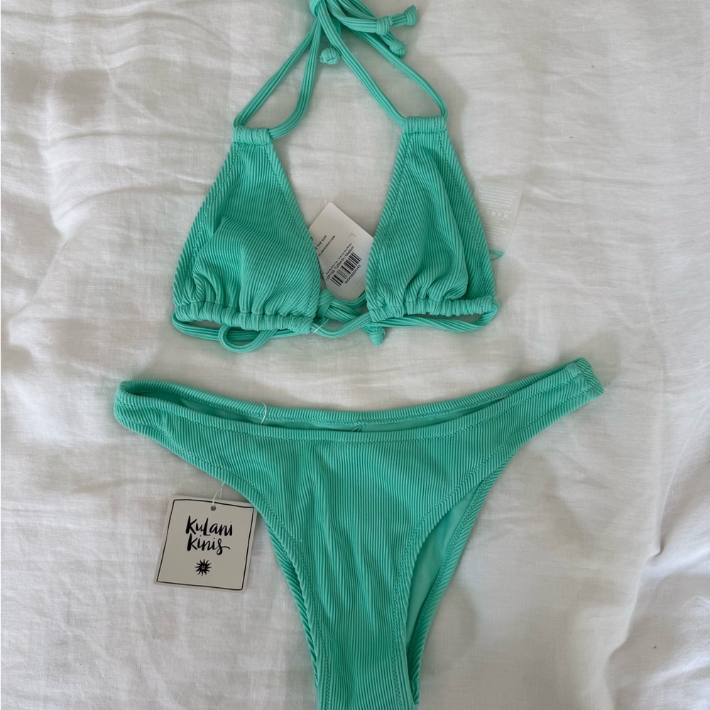 BRAND NEW Kulani Kinis Turquoise Mint Ribbed Bikini Set - Picture 2 of 5
